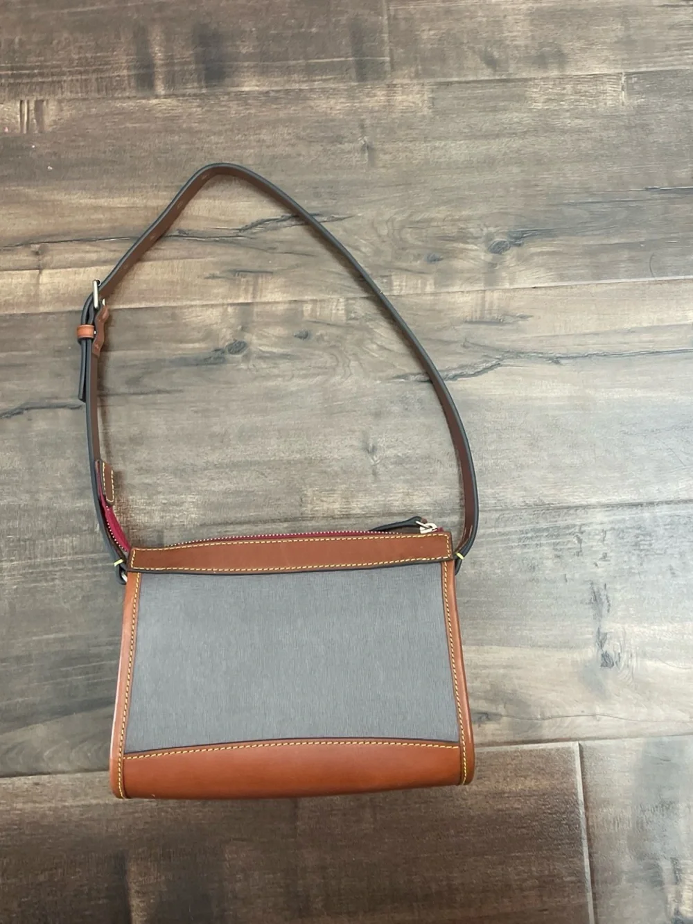 Dooney & Bourke Gray Canvas Crossbody with Brown Leather Trim and Red Interior